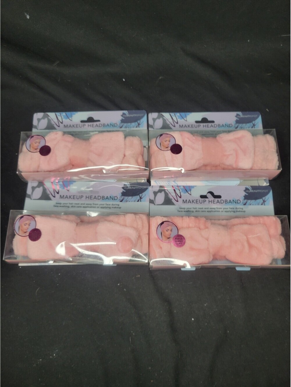 4 pack Pink Makeup Headband Soft Plush by myBEAUTYSPOT *Distressed Packaging*